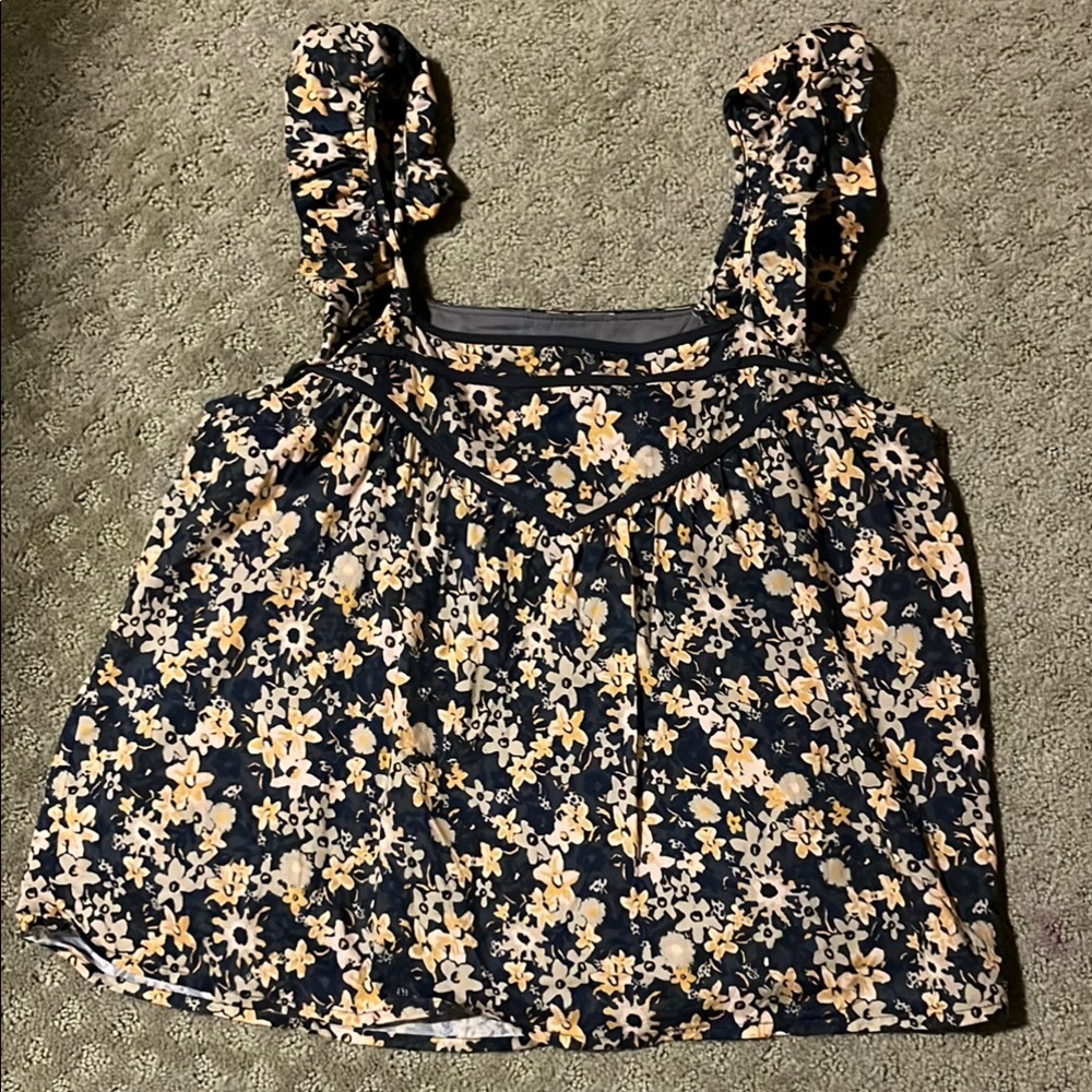 Grey and yellow MUTED Floral Ruffle Sleeve Top - Roan and Ryan XS